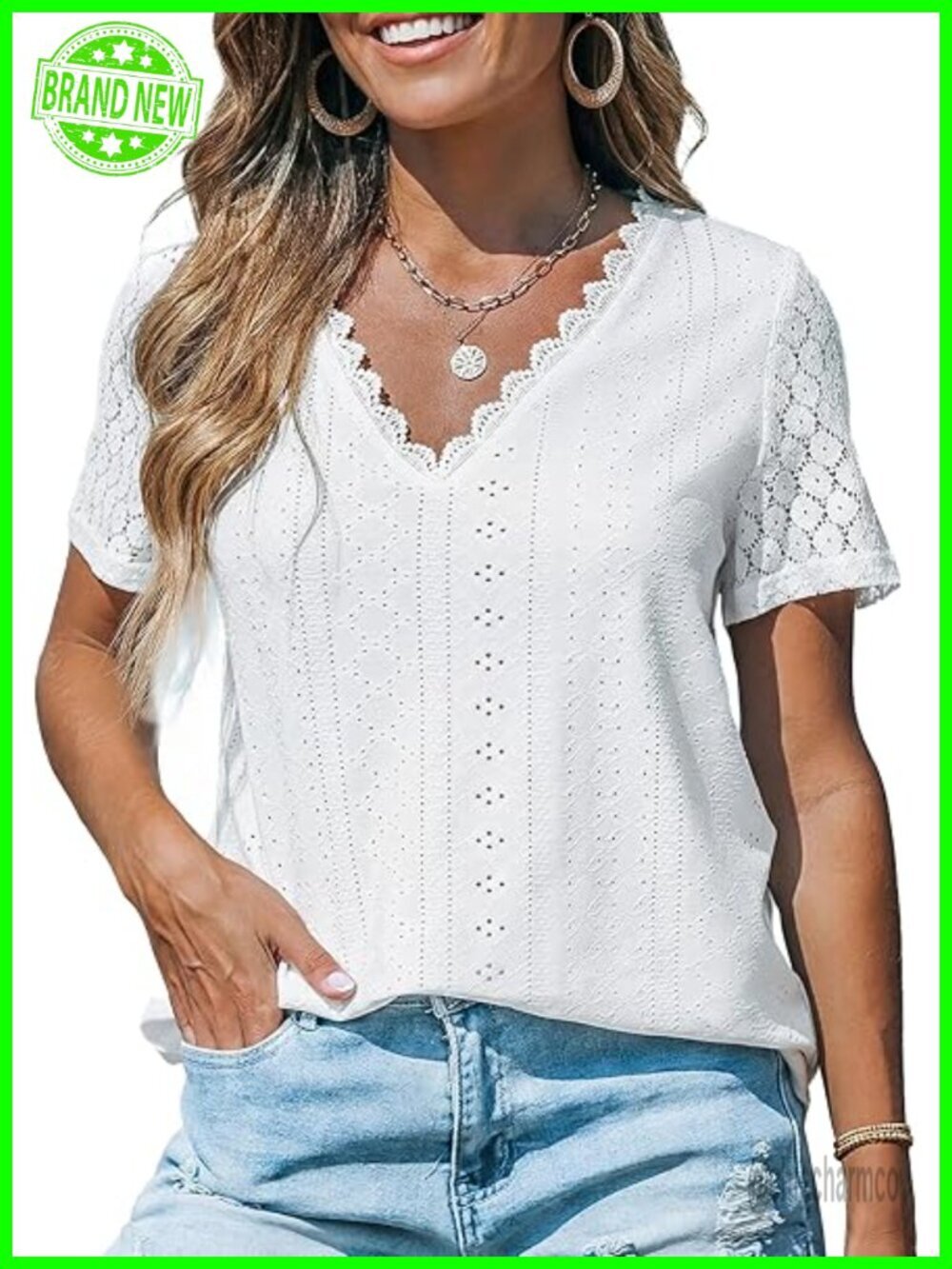 Eyelet Lace V Neck Short Sleeve Blouse Casual Dressy Top